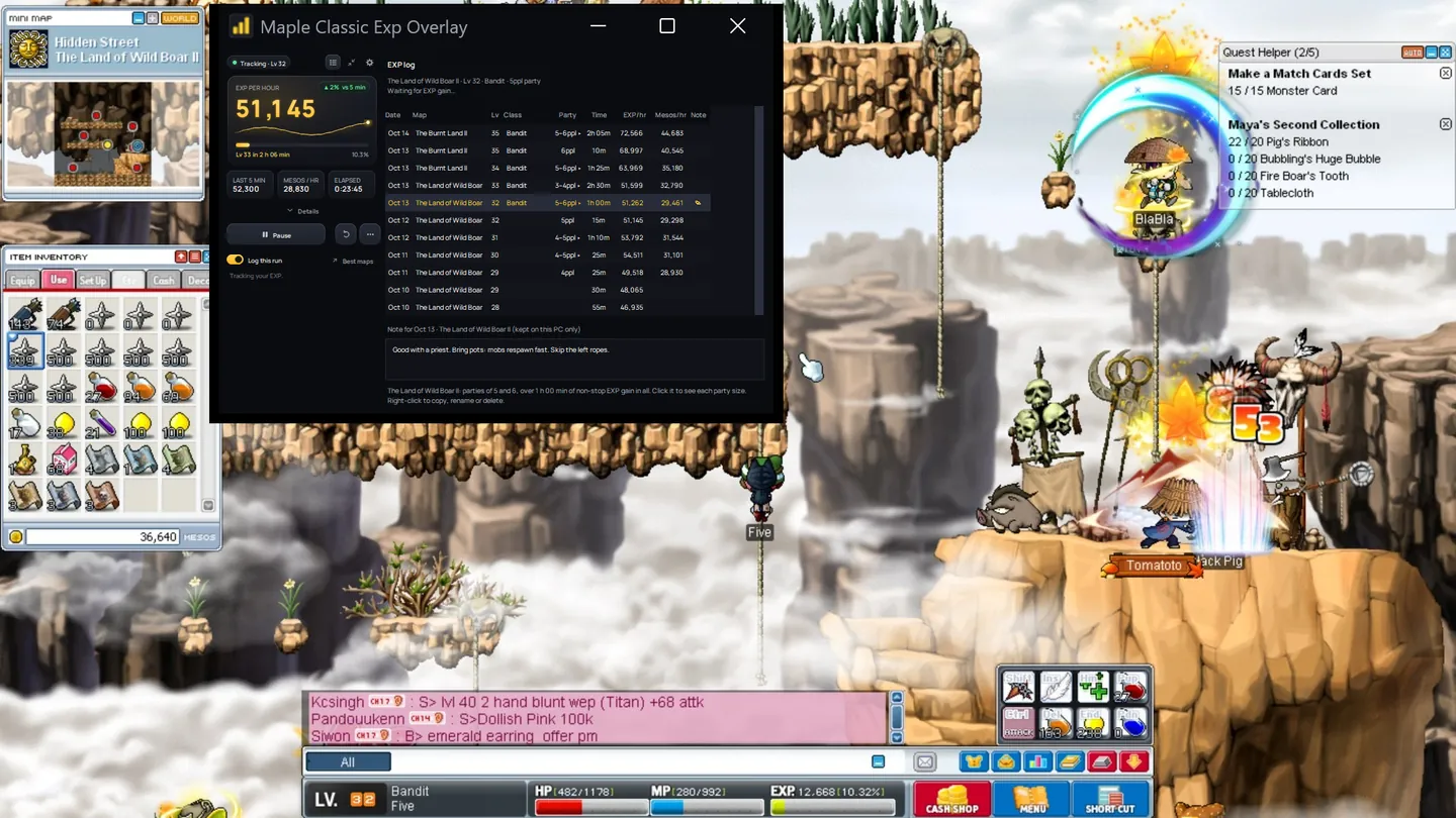 MapleStory Classic World with Maple Classic Exp Overlay open next to the game